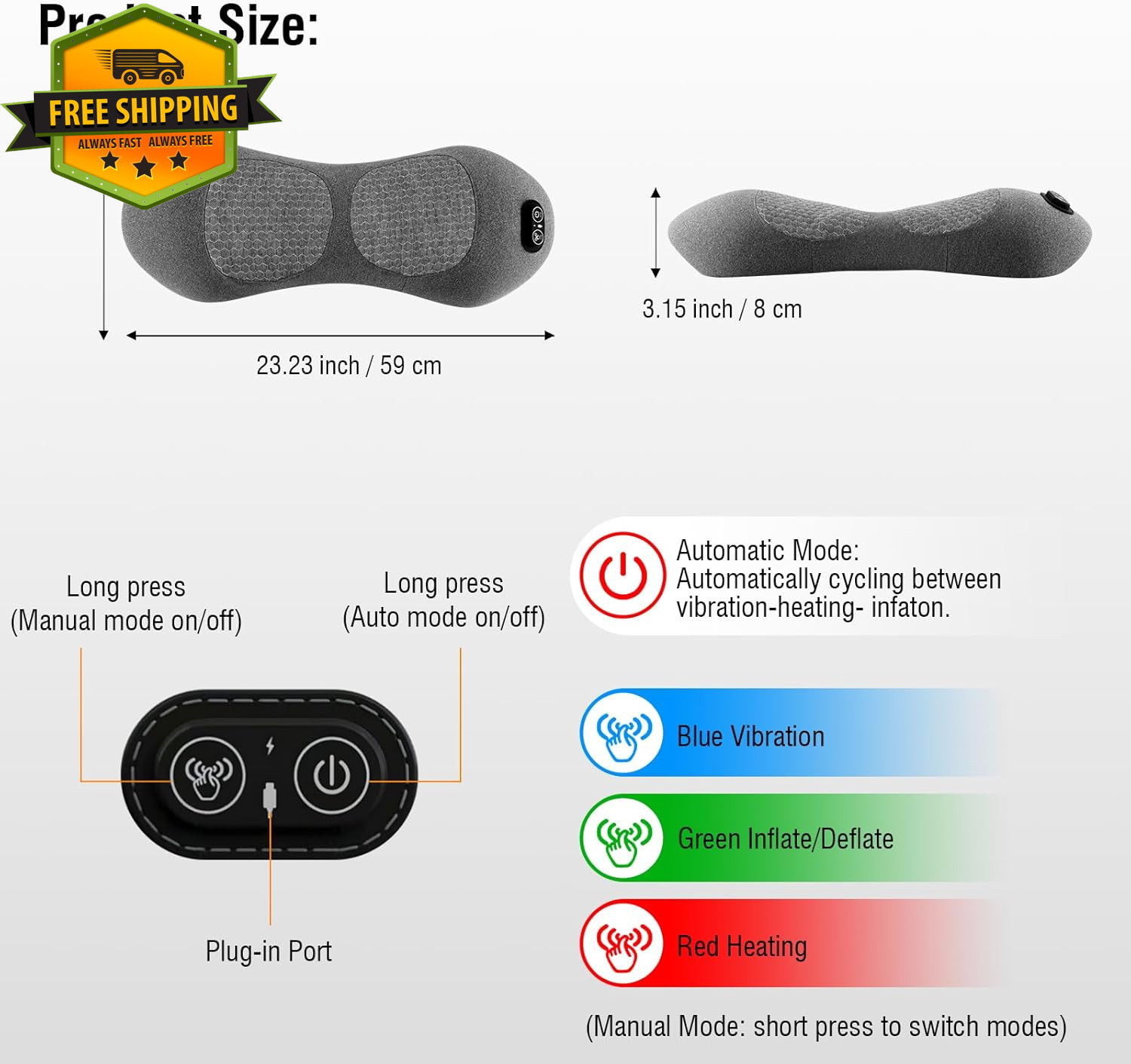 Electric Lumbar Support Pillow Lower Back Massager Heat Traction Memory Foam Car