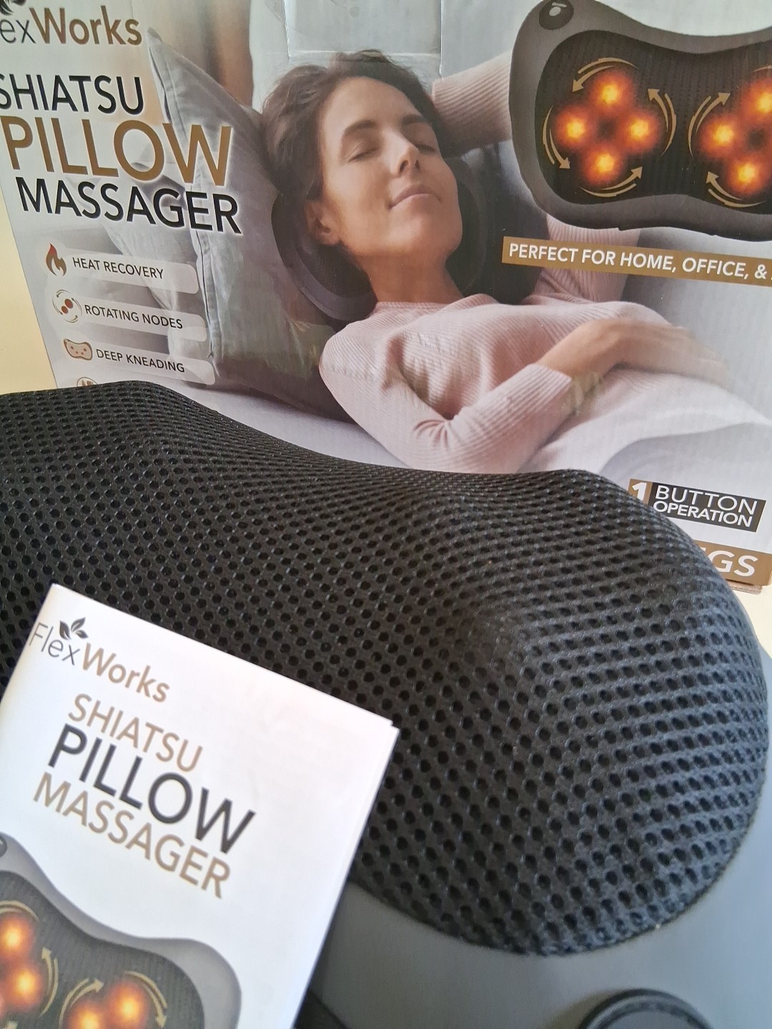 FlexWorks Shiatsu Neck, Back, & Legs Pillow Massager Includes Wall & Car Charger