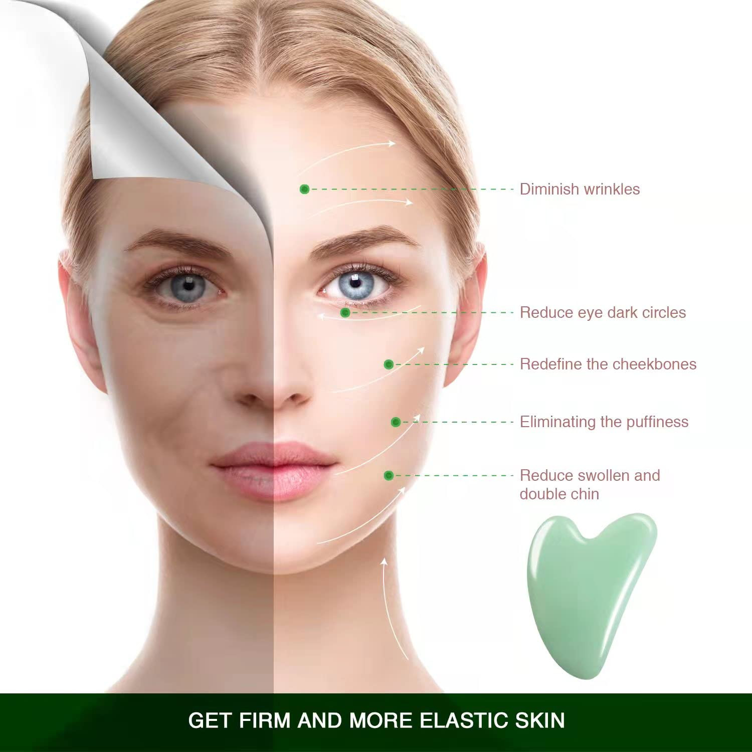 Gua Sha Facial Tool – Jade Stone Massager for Spa Acupuncture Therapy – Heart Sh