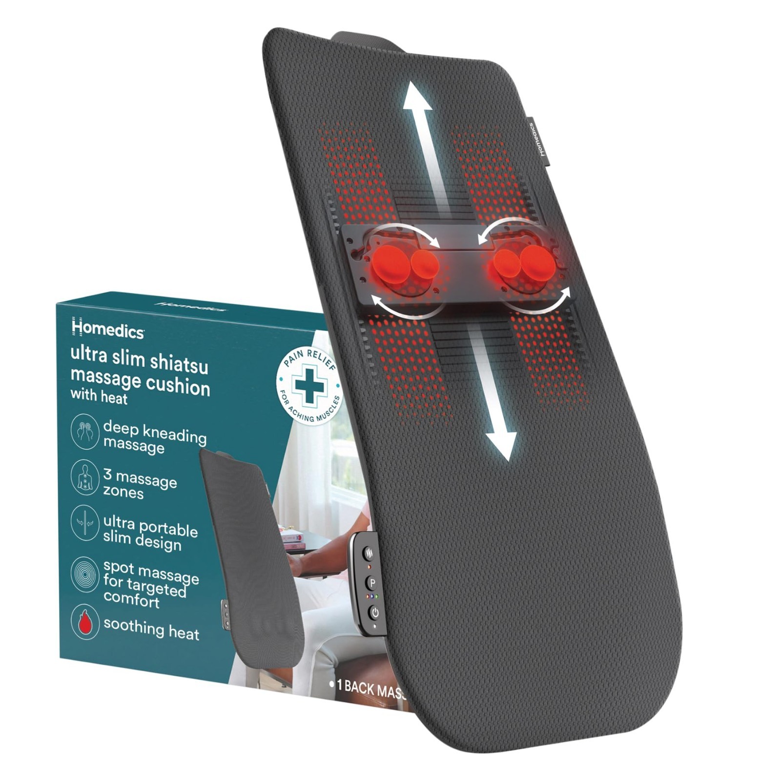 Ultra Slim Shiatsu Massage Cushion with Heat – Full Back, Deep Kneading, 3 Zone