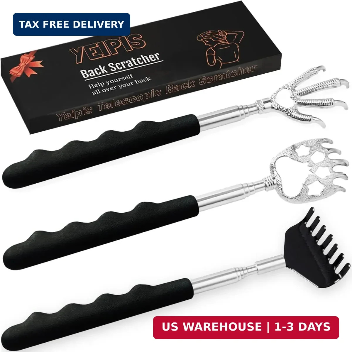 Yeipis 3 Pack Back Scratcher Metal Portable Telescoping with Rubber Handles, Ext
