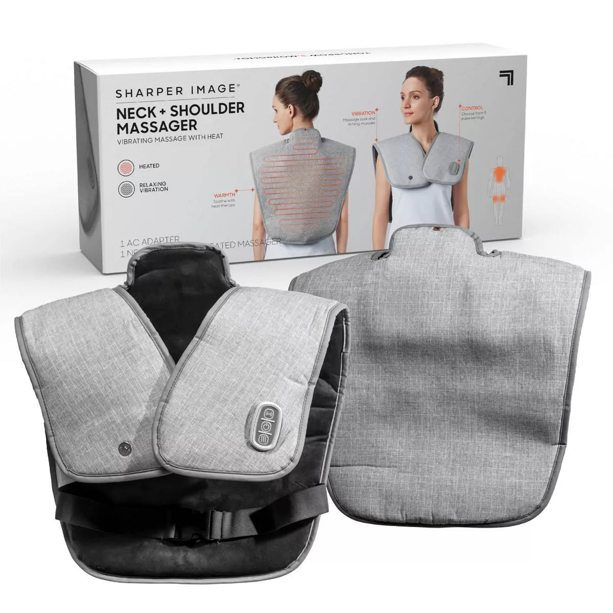 SHARPER IMAGE HEATED NECK SHOULDER MASSAGER WRAP ELECTRIC POLYESTER – GRAY