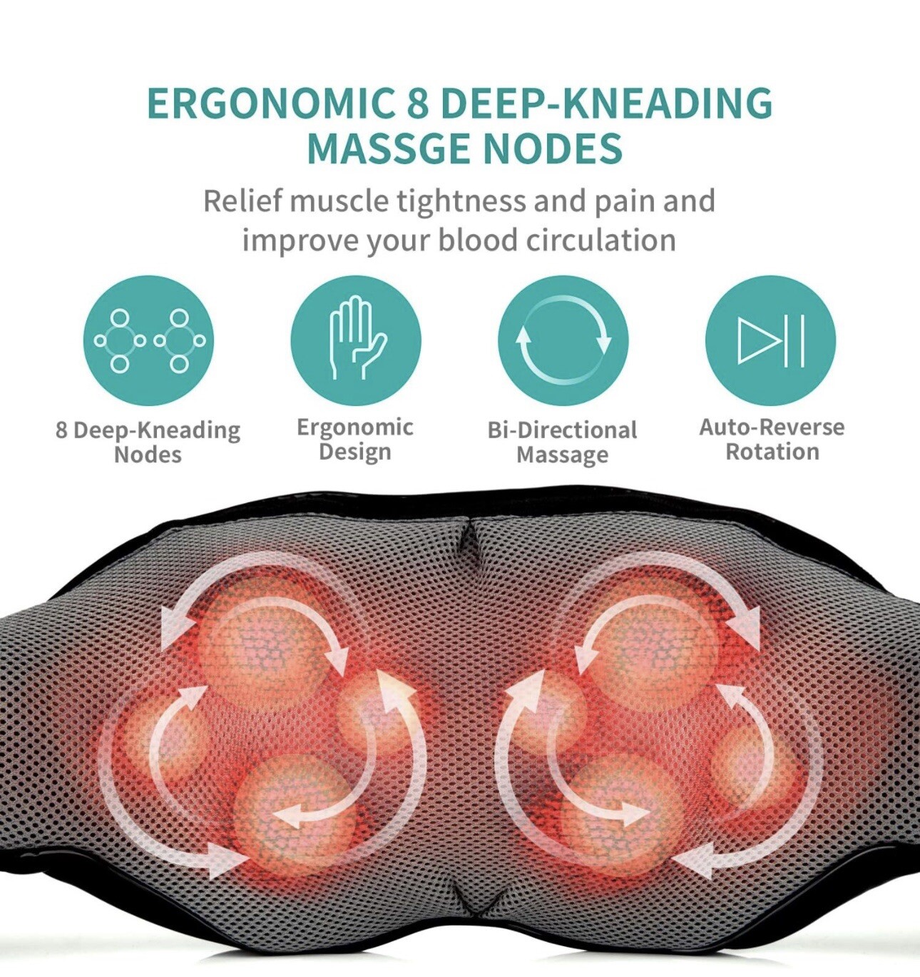 Nekteck Shiatsu Neck/Back Massager with Heat, Electric, Deep Tissue, 8 Nodes