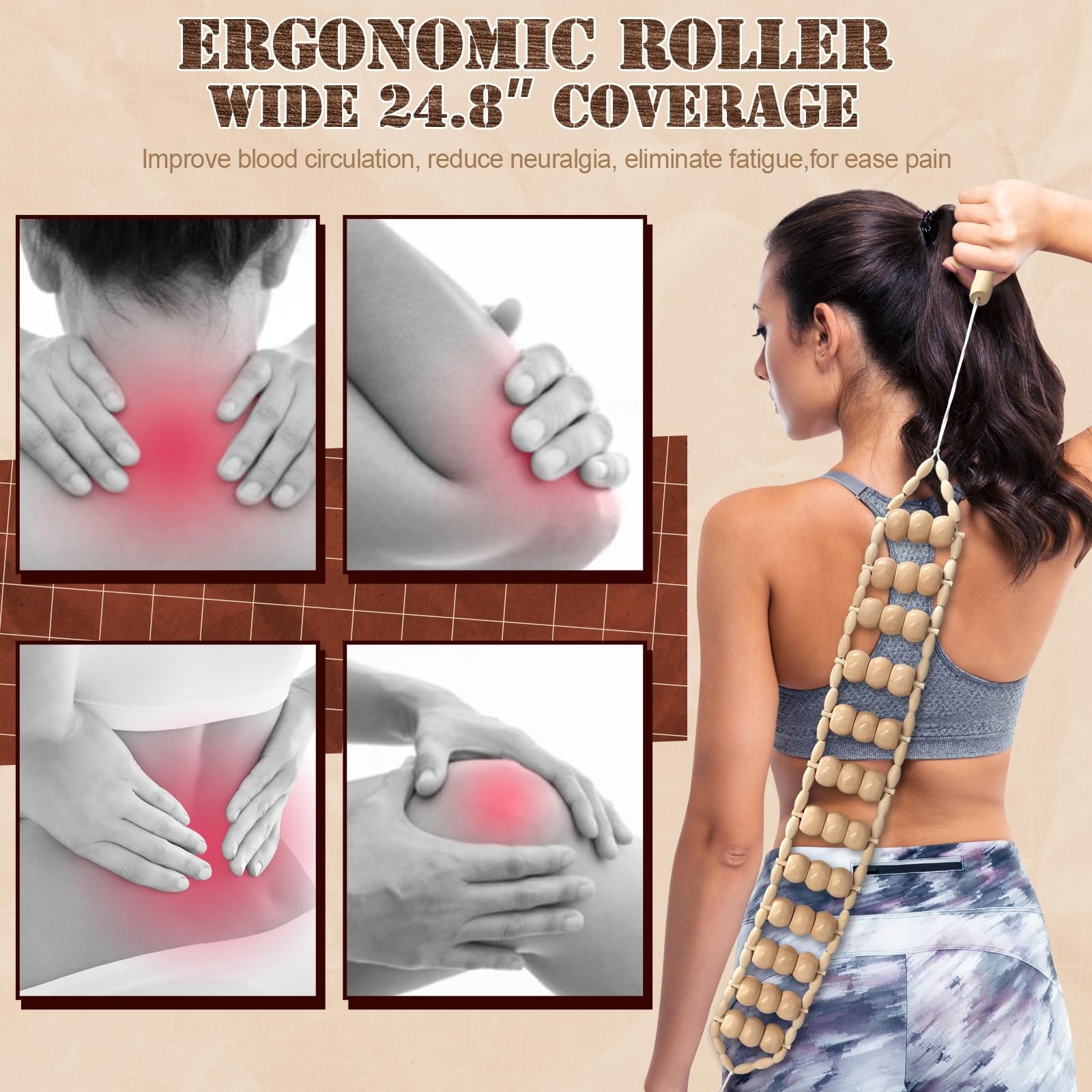 Wood Therapy Massage Tools, Wood Back Roller – Wooden Massage Roller Rope Mad…