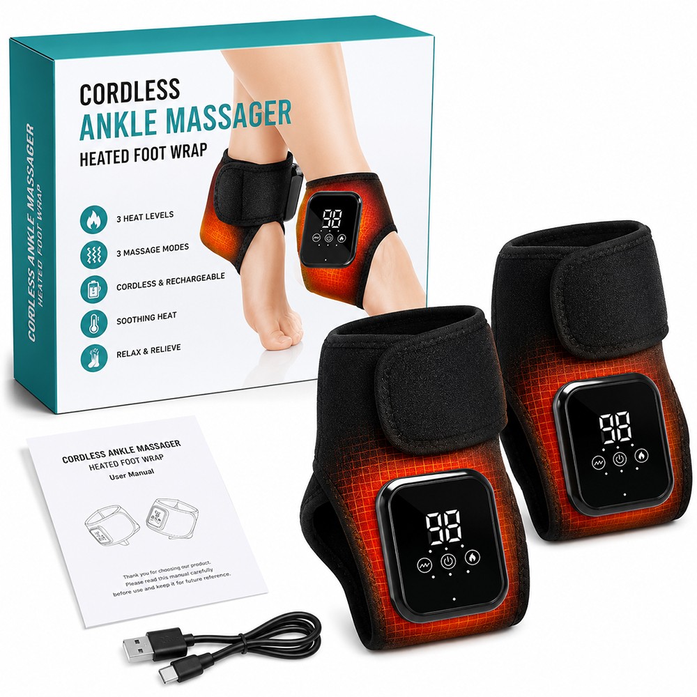 2Pcs Electric Foot Ankle Massager Heating Vibration & Hot Compress Pain Relief