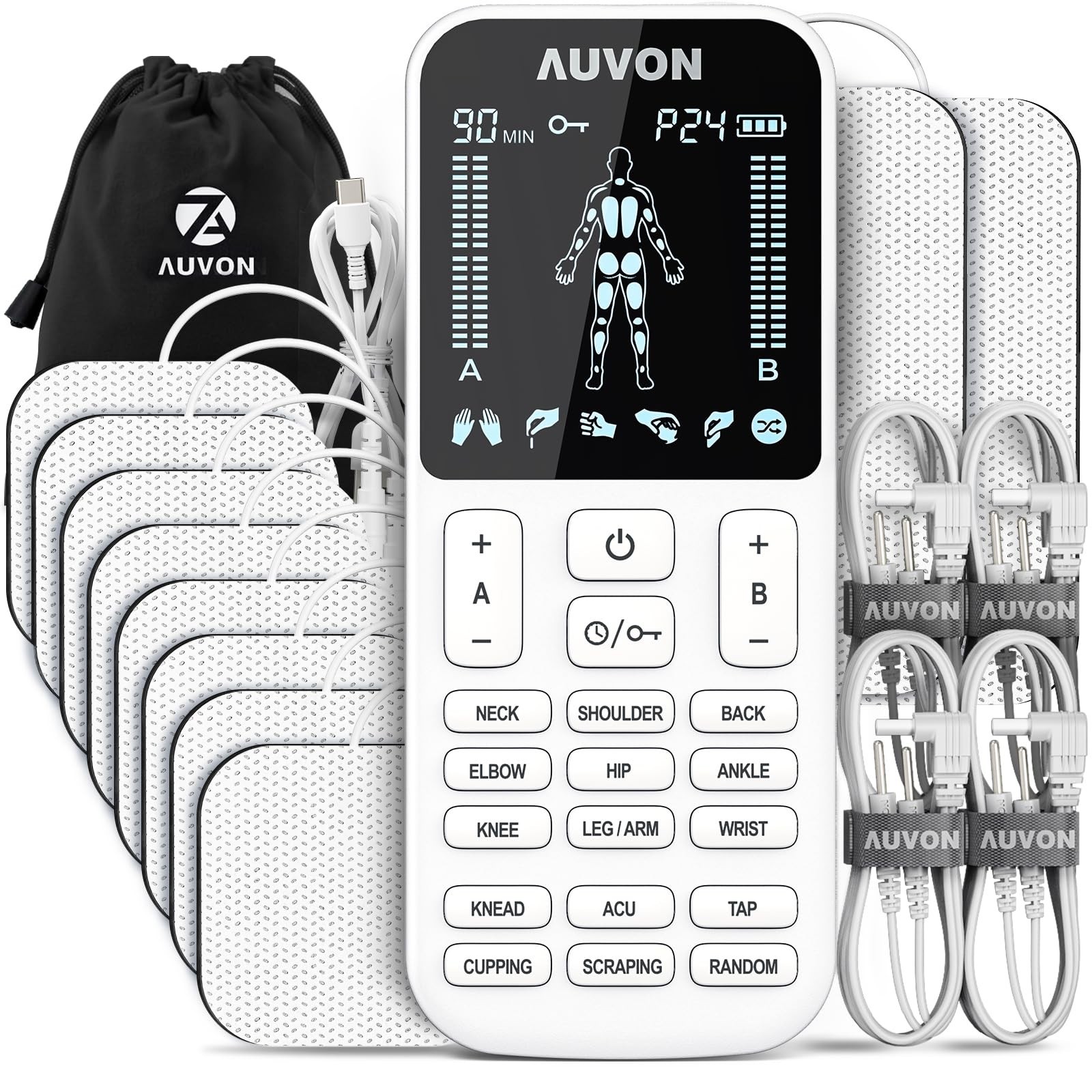 4 Outputs TENS Unit Muscle Stimulator – 24 Modes, 10 Pads, Pain Relief Massager