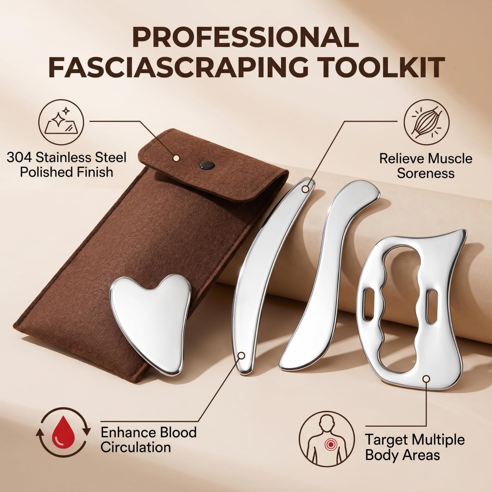Vanttokeey 4-in-1 Muscle Scraper Tool Set, Stainless Steel IASTM Scraping Mas…