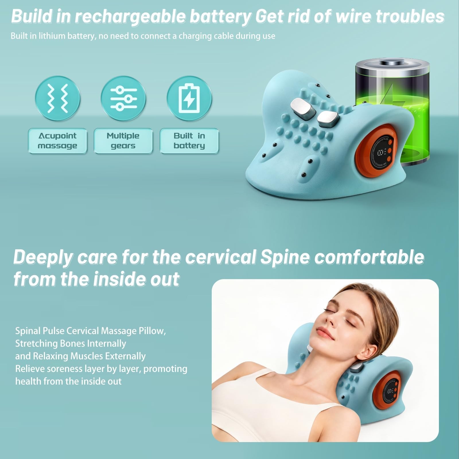 Electric Neck Massager with Heat, 3 Modes Cervical Traction Pillow for Pain Reli