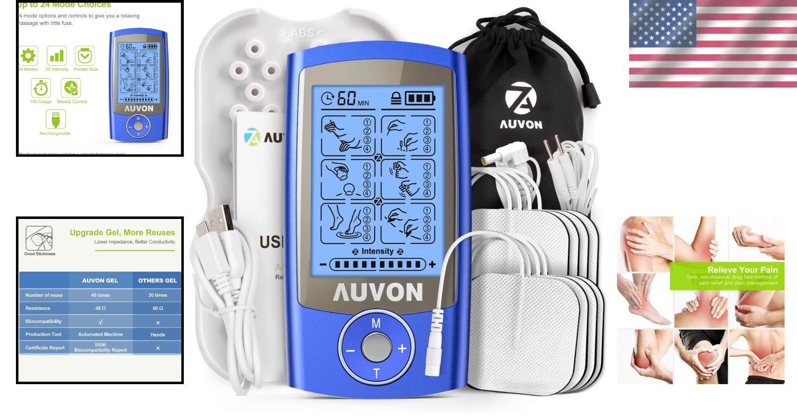 Ultimate Pain Relief TENS Unit – Rechargeable with 24 Modes & Kits Included