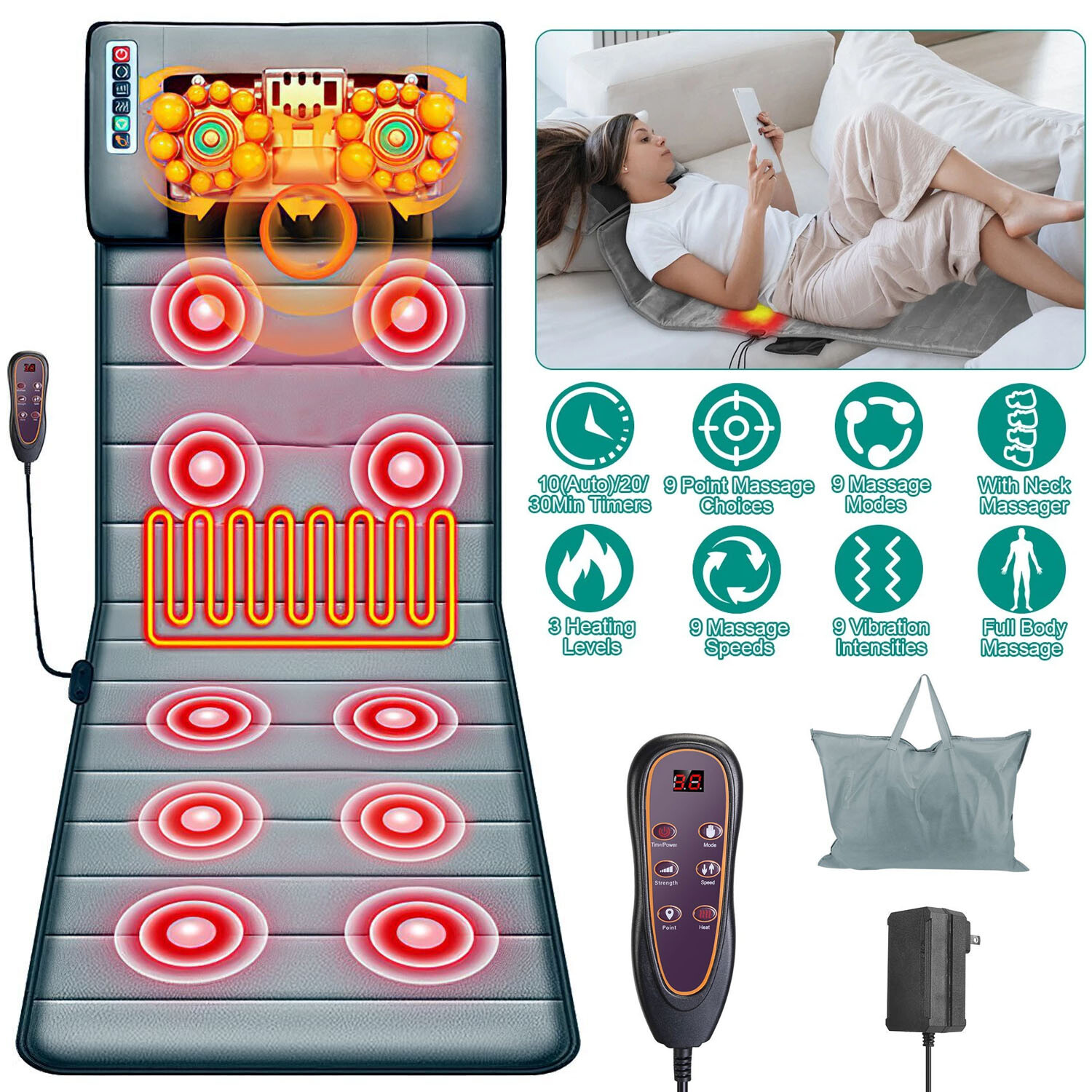 Foldable Full Body Electric Massage Mat for Bed w/Heated Neck Massager for Home