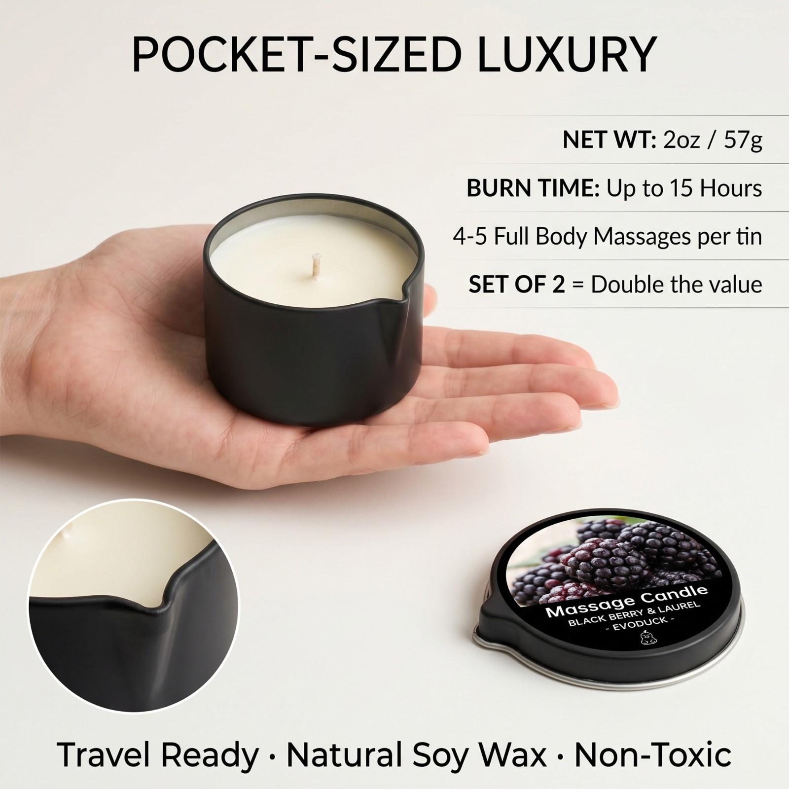 2 Pack Blackberry & Laurel Massage Candle 2oz Soy Body Oil Couples Spa Gift
