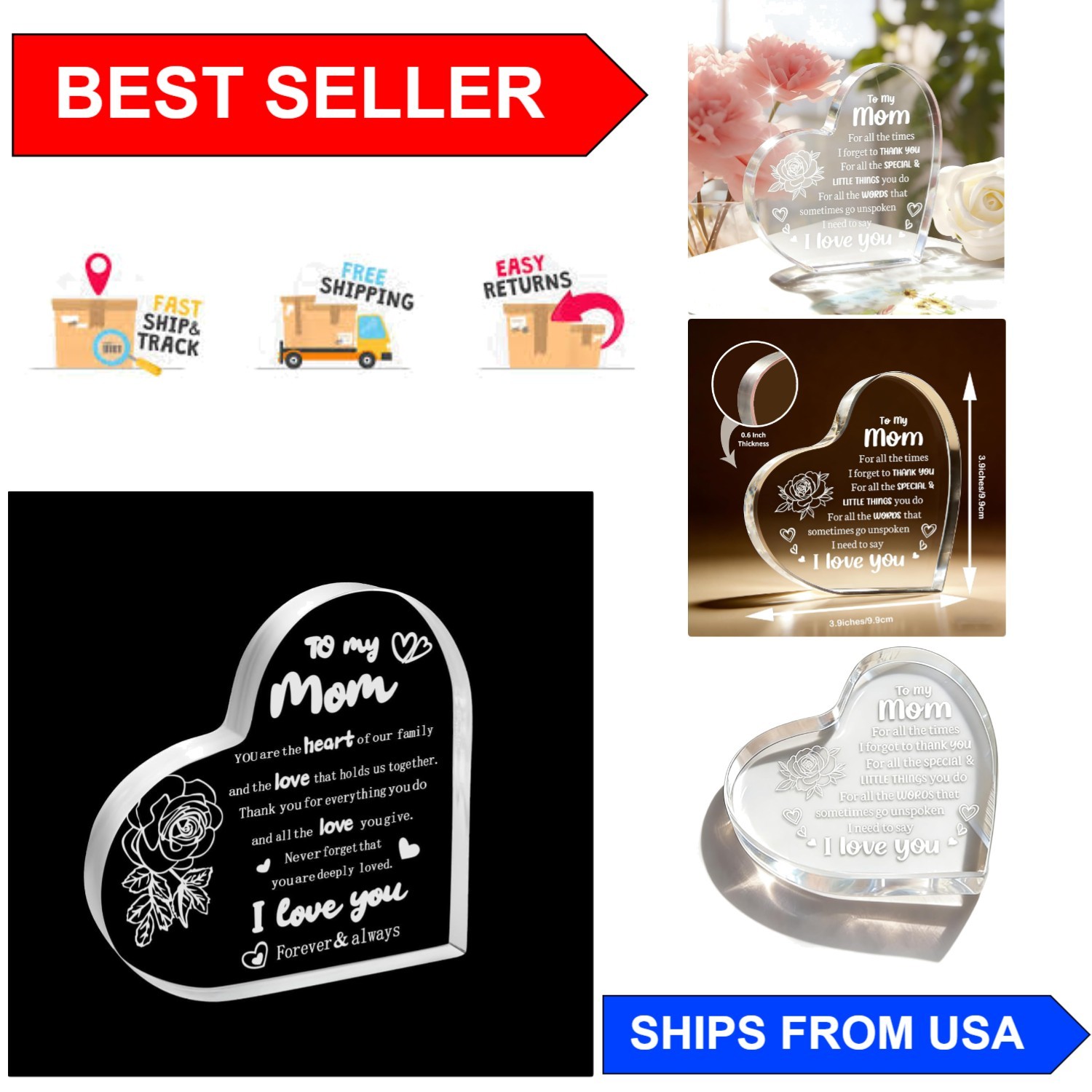 Elegant Acrylic Heart Keepsake – ‘Mom, I Love You’ – Perfect for Any Occasion