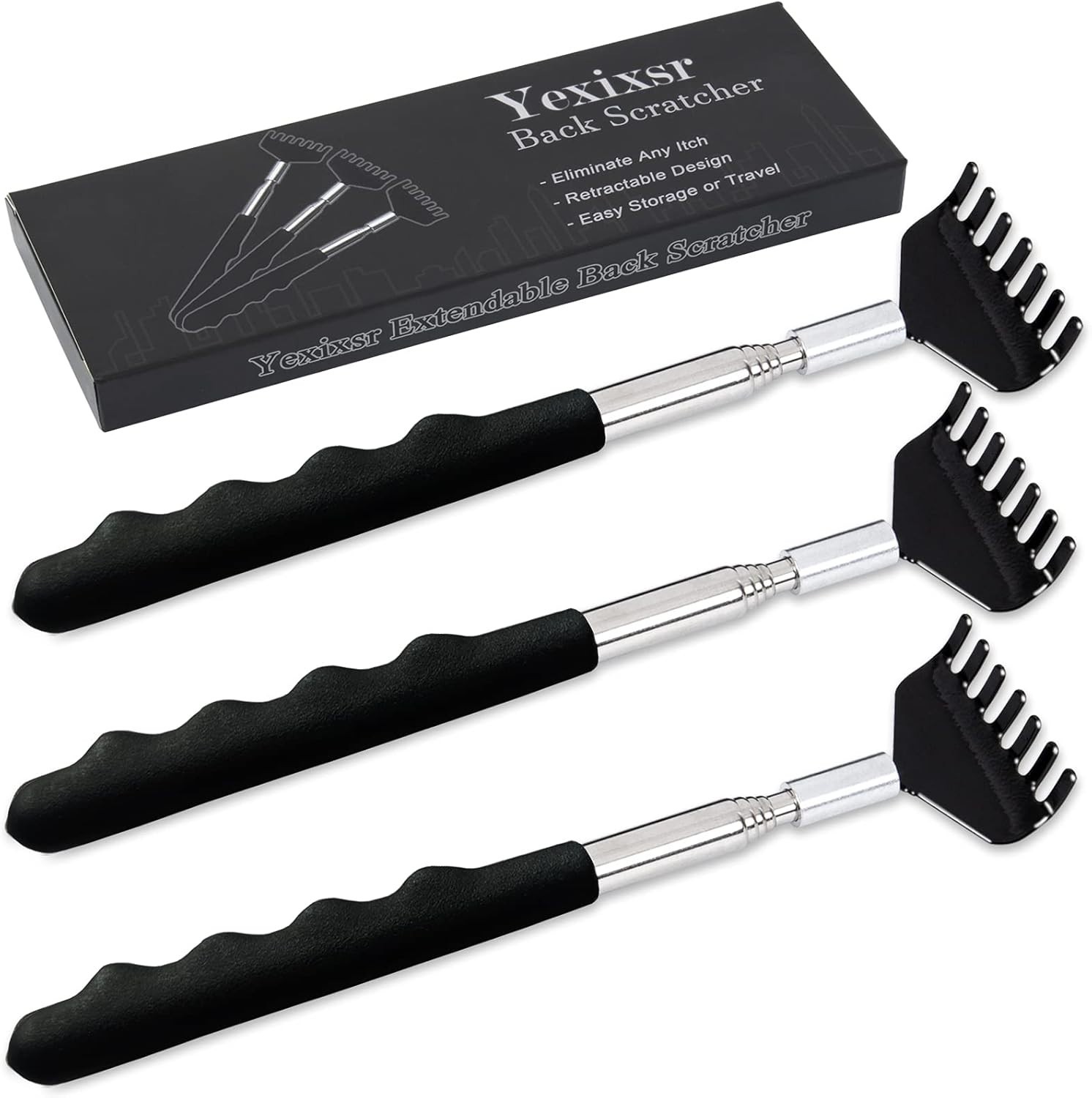 Yexixsr 3 Pack Extendable Metal Back Scratcher w/ Rubber Handles for Adults