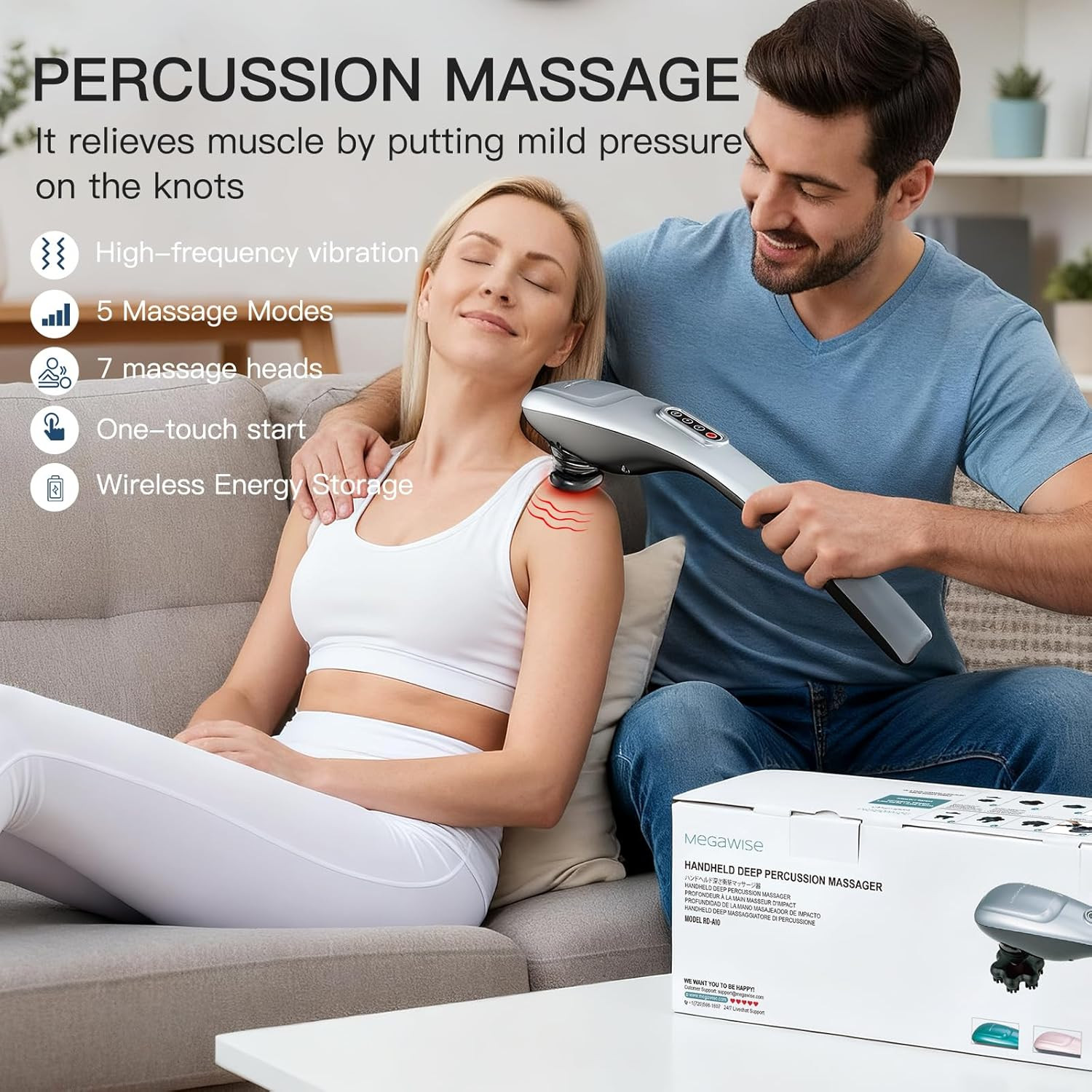 MEGAWISE Handheld Back Massager | Deep Tissue Percussion Massage for Back, Neck,