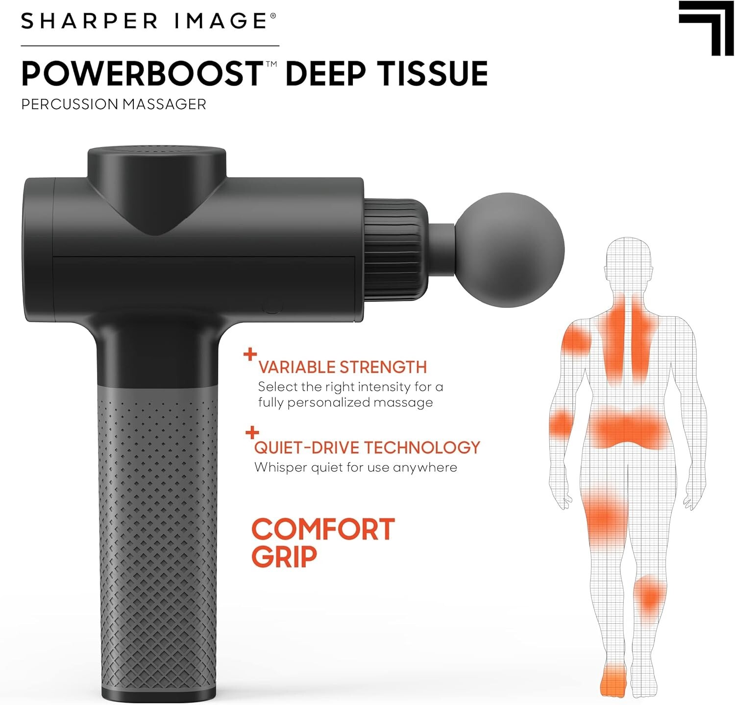 SHARPER IMAGE Powerboost Deep Tissue Massage Gun v2.0, with 5 Attachments