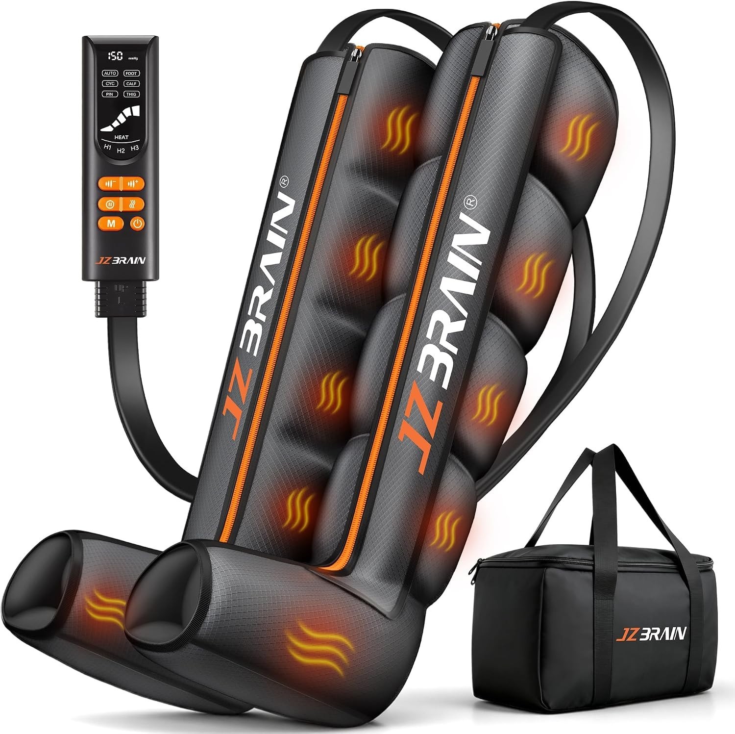 JZBRAIN Air Compression Heated Leg & Foot Massager Black Orange Remote Control