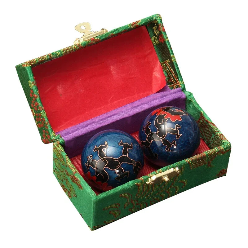 2Pcs Chinese Cloisonné Massage Ball Set – Solid Chrome Gemstone Stress Relief