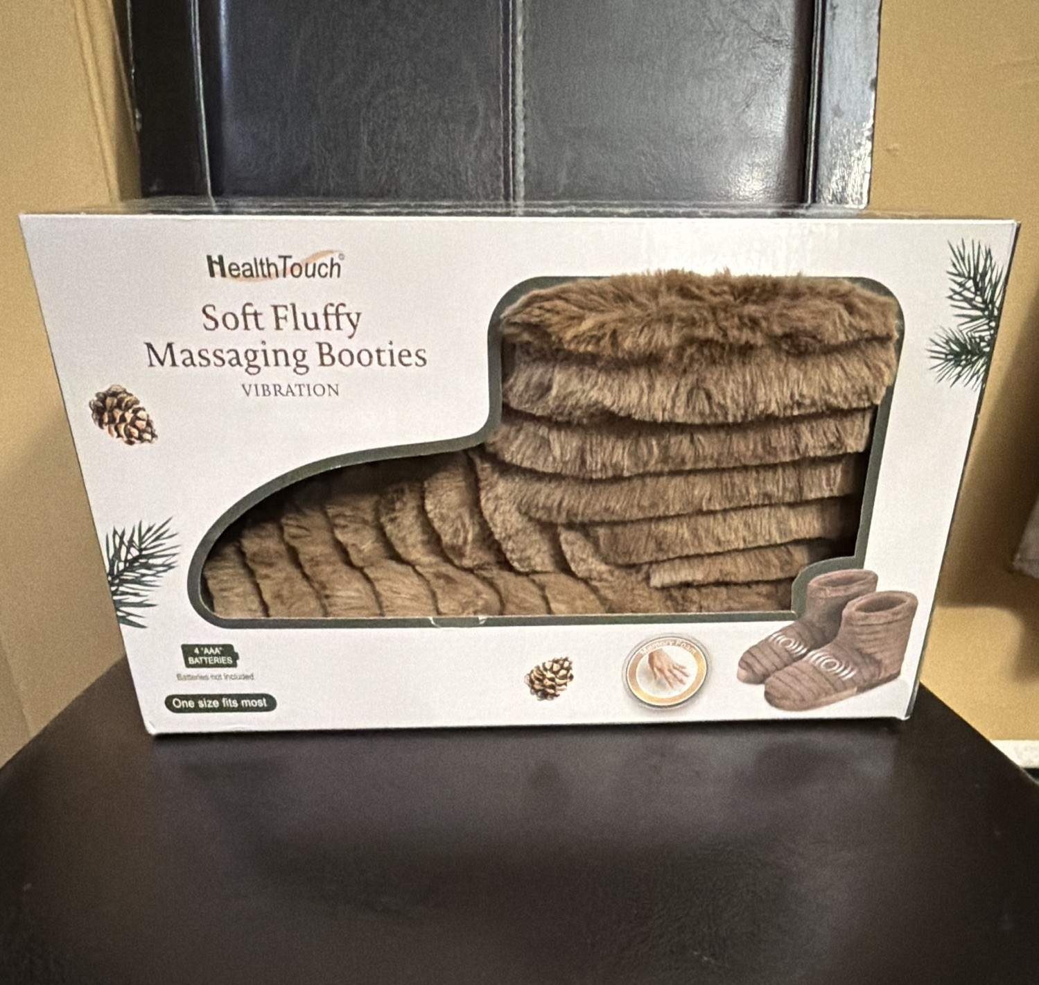 HealthTouch Soft Fluffy Massaging Booties Vibrating Foot Shoes Brown Battery