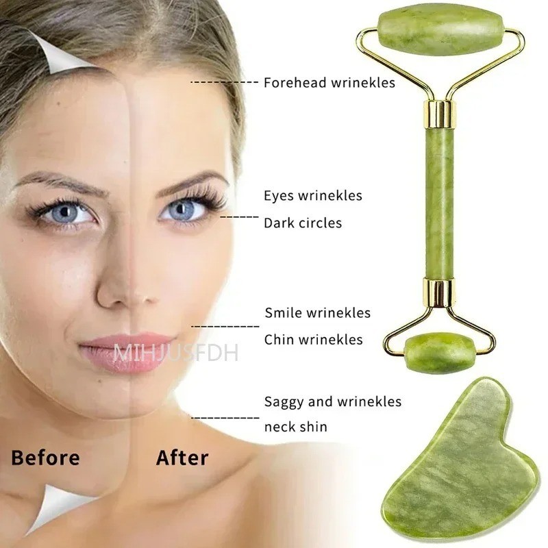 Natural Jade Roller & Gua Sha Set – Facial Massager for Anti-Wrinkle & Lifting