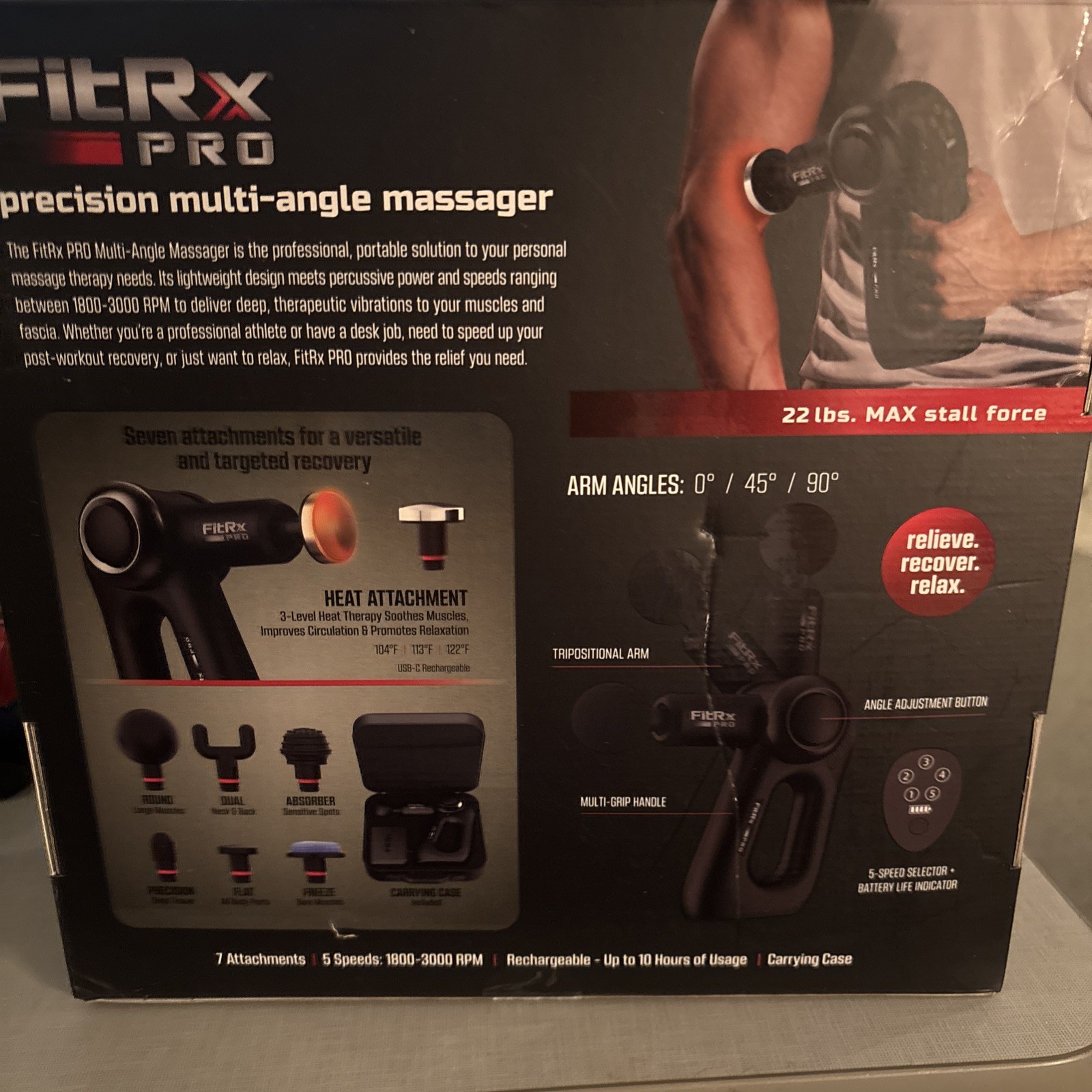 FitRx Pro Precision Multi-Angle Massager Gun 7 attachments 5 Speeds Case