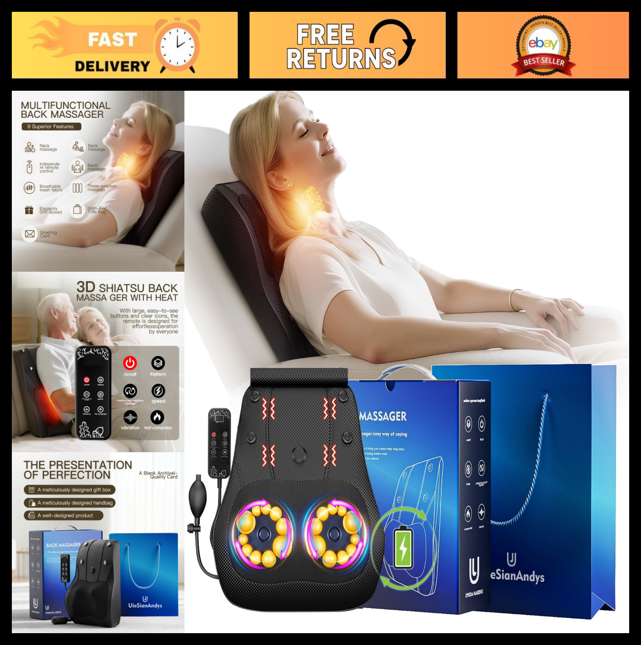 Portable 3D Shiatsu Back Massager with Heat, Deep Tissue Relief, Neck & Shoulder