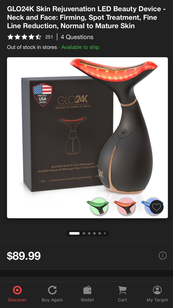 GLO24K Neck & Face Massager+ LED Heated Vibration USB Charging Black/Gold