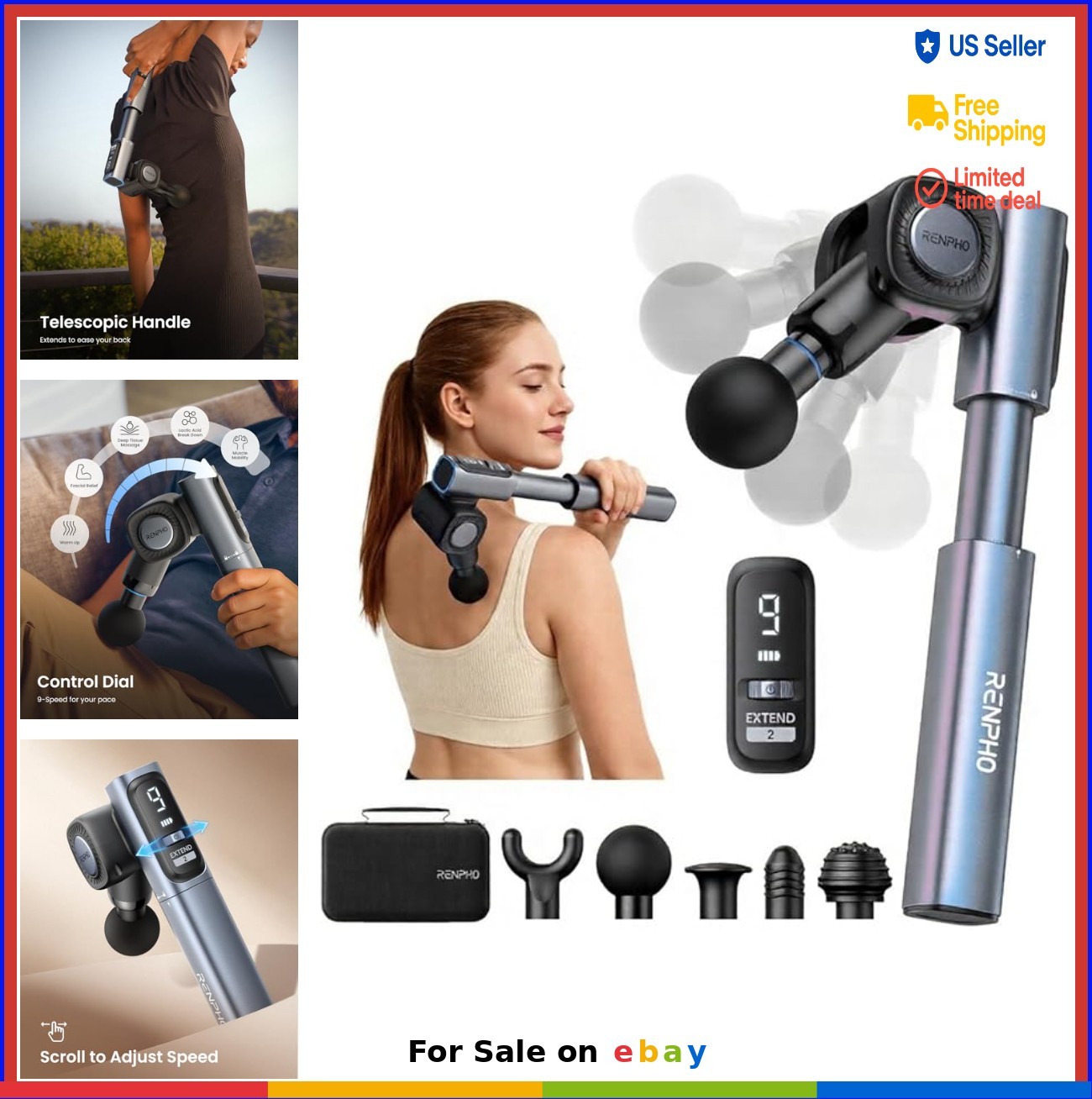 Massage Gun Foldable with Extension Handle 9mm Amplitude Percussion for Back