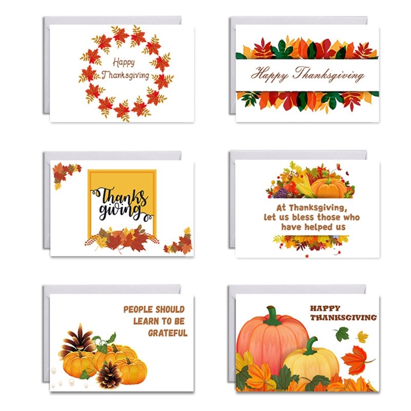Set of 6 Happy Thanksgiving Day Cards for w/ Envelopes Sticker Pumpkin Greeting