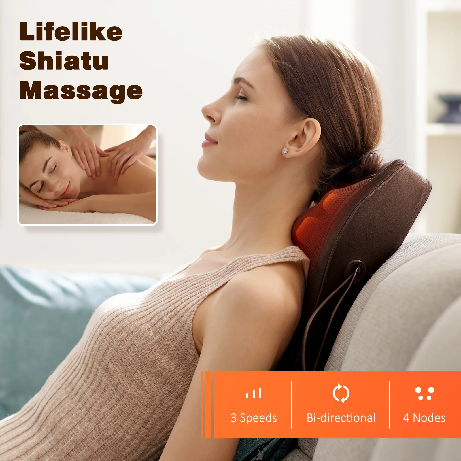 Neck Back Massager with Heat 3D Shiatsu Deep Kneading Massage Pillow Brown