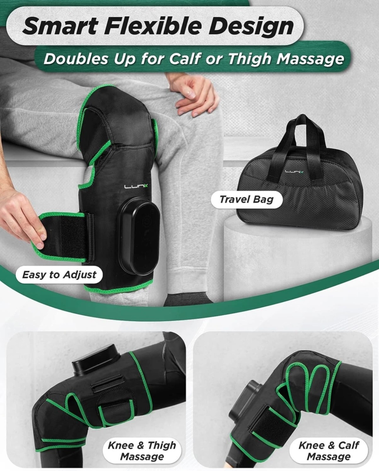 LX4 Knee Massager w/Heat Compression Rechargeable Thigh, Calf, Knee 6x Intensity
