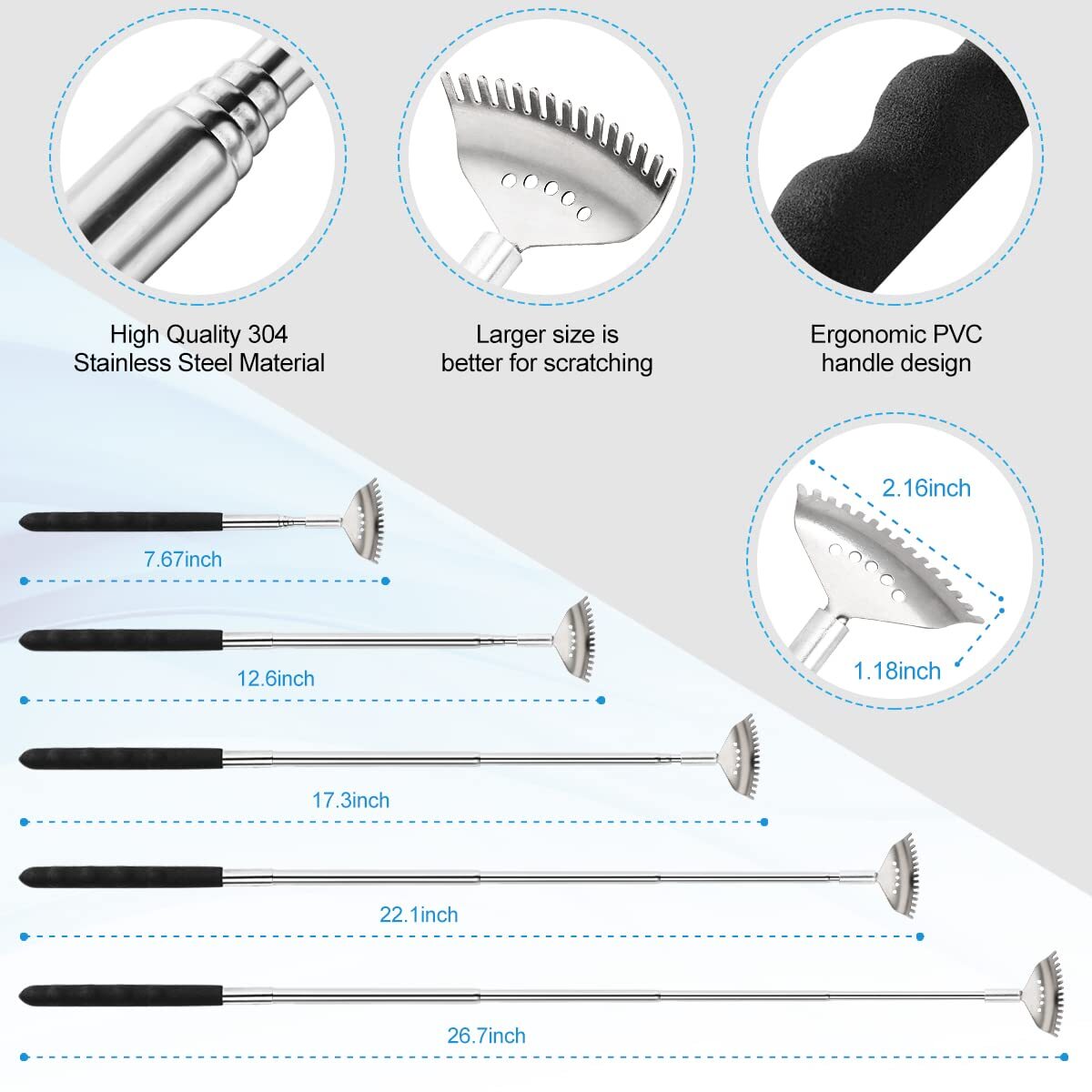 3 Pack Different Back Scratcher Metal Portable Telescoping with Rubber Handles