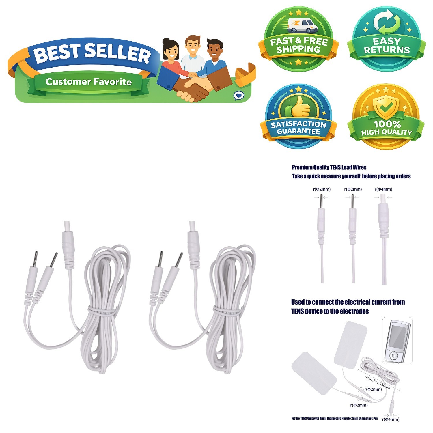 High-Quality TENS Lead Wires – 2 Count, 4mm Plug to 2mm Pin, 59 Inch Length