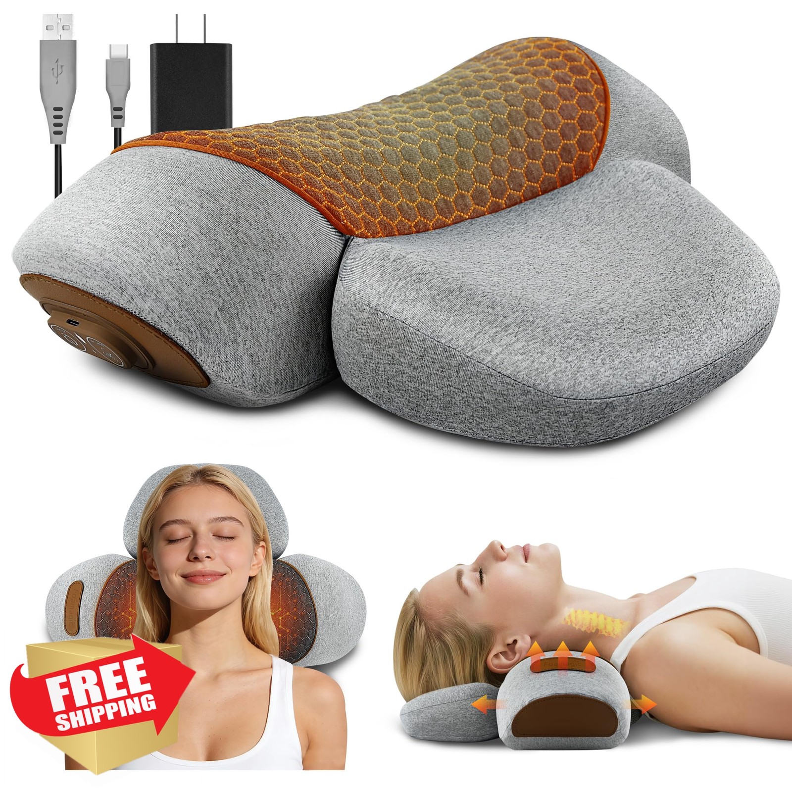Foamagic Neck Shoulder Massager Pillow Heat Light Grey