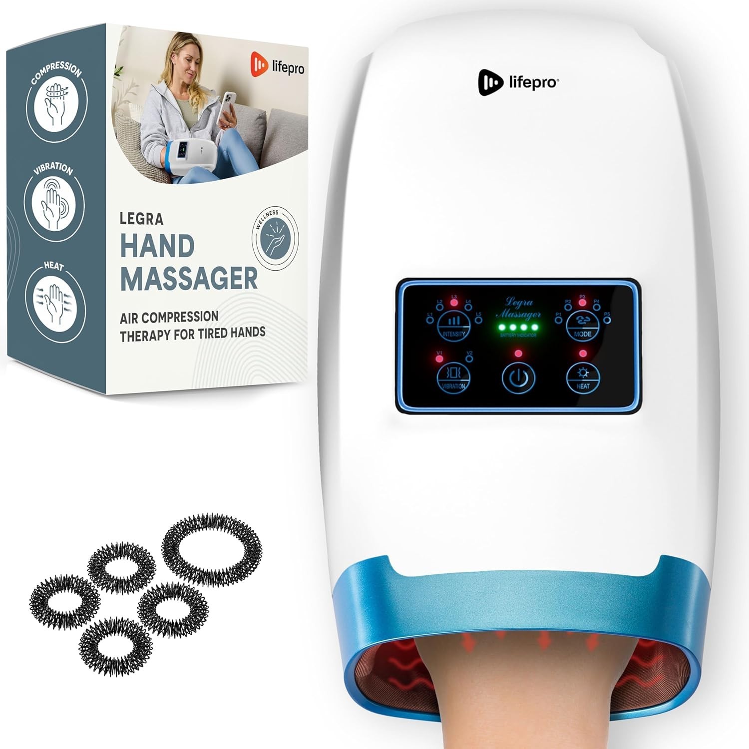 Legra Hand Massager with Heat and Compression – Finger, Wrist, and Palm Massager