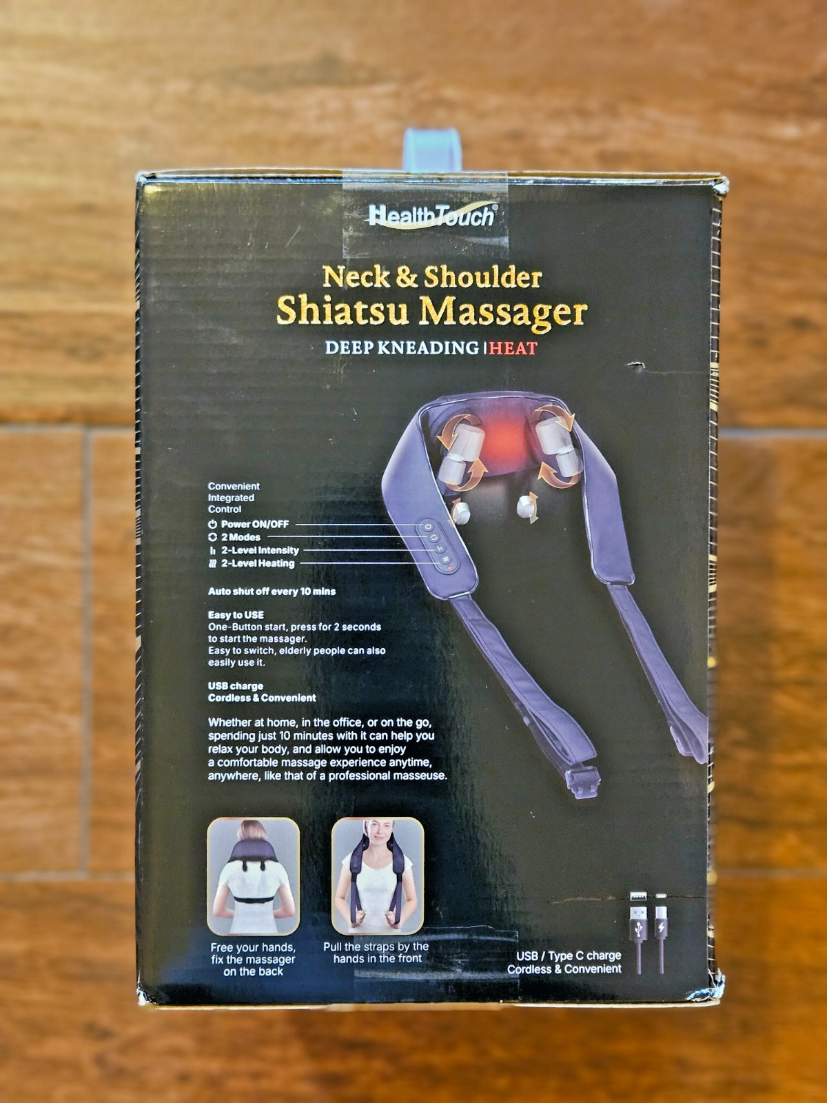 HealthTouch Shiatsu Neck Shoulder Massager Heat Cordless Deep Kneading Black