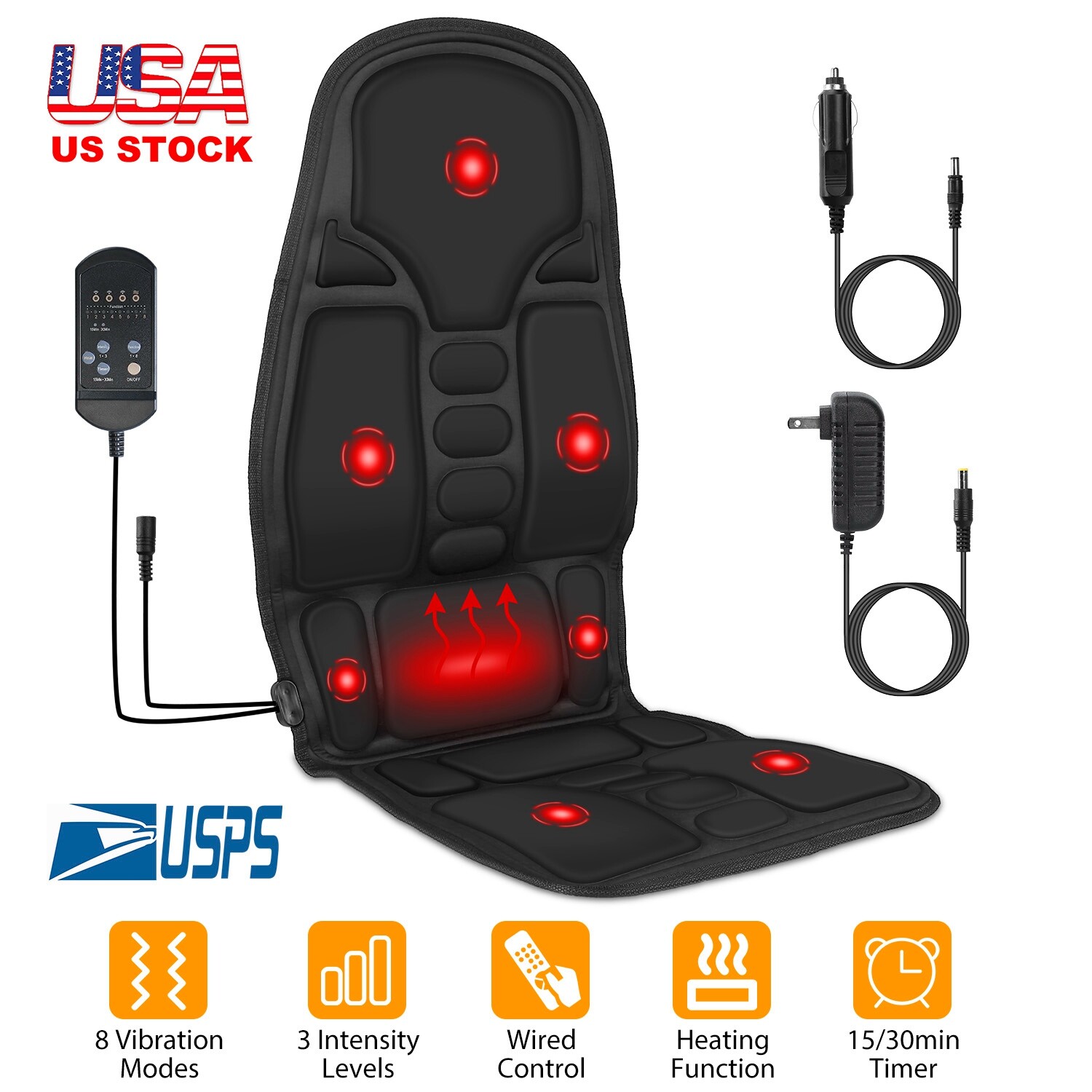 Massage Seat Cushion 8 Mode with Heated Back Neck Massager Chair for Home & Car