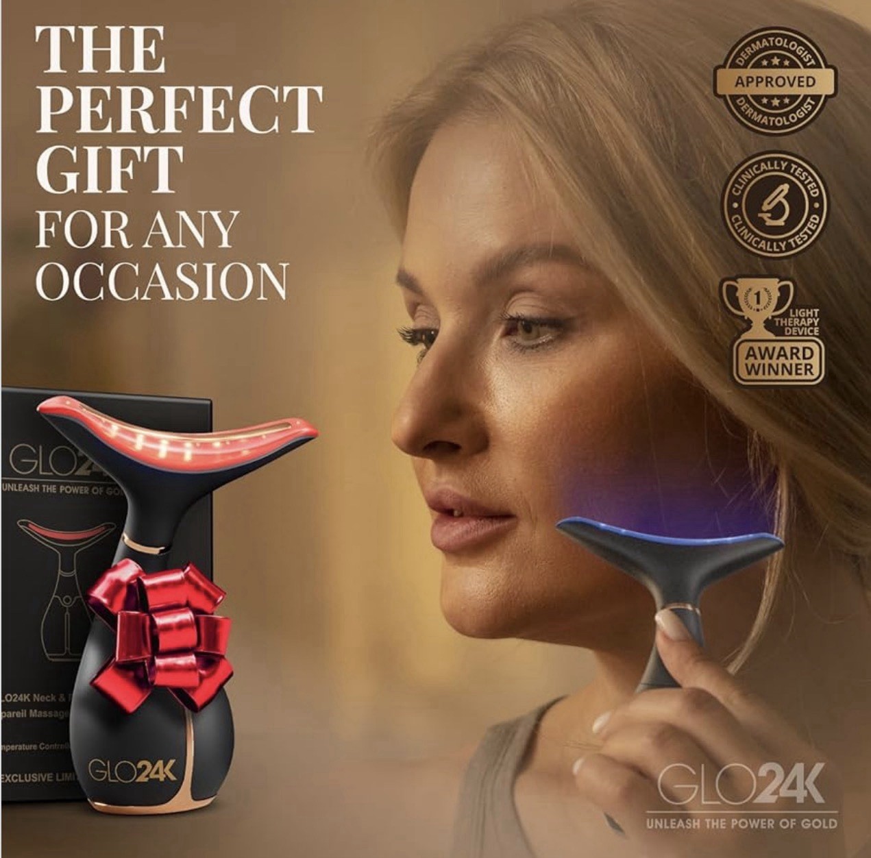 GLO24k Face & Neck LED Light Massager Anti-Aging, Lifting , Firm Authentic