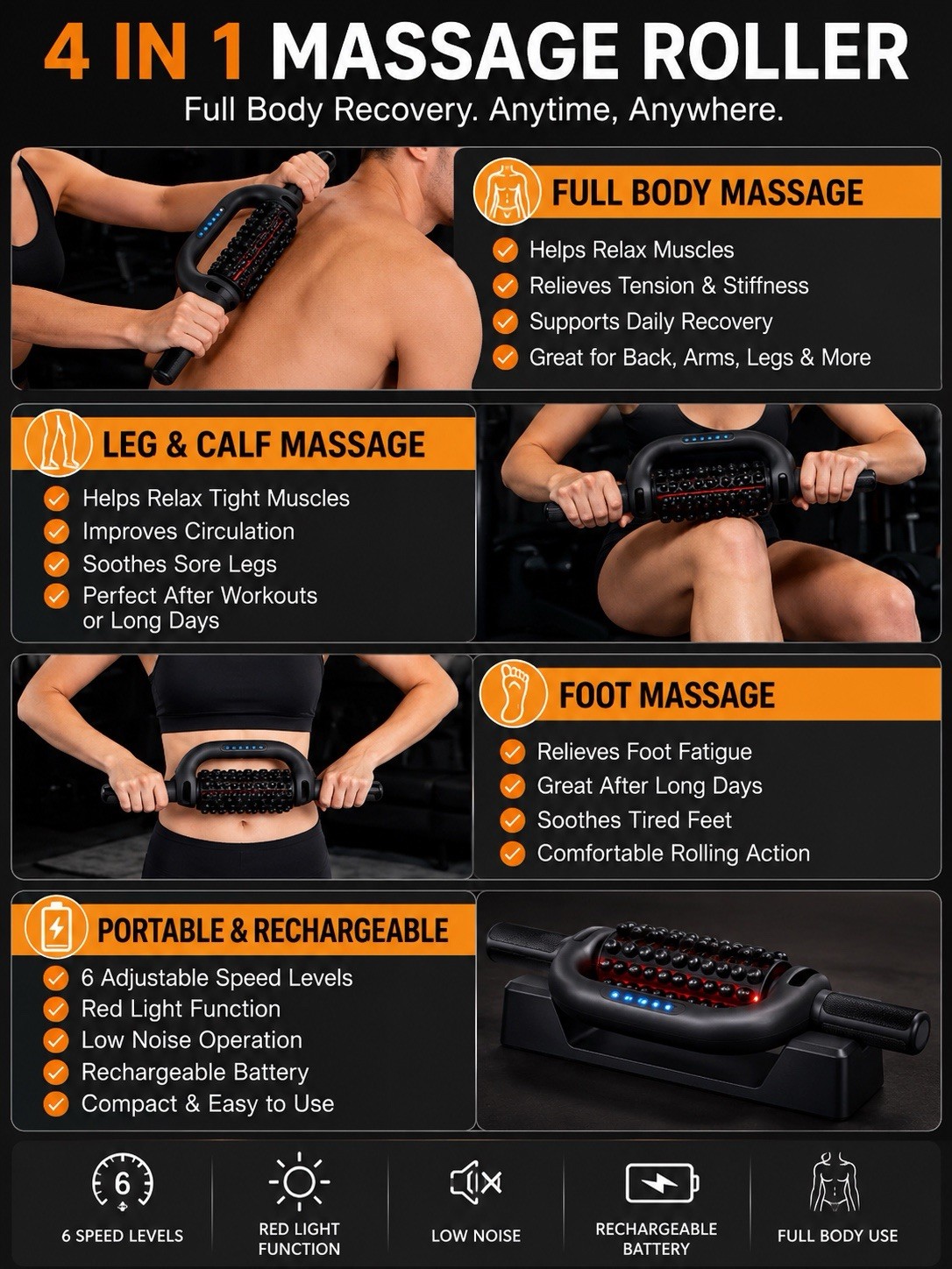 6-Speed Muscle Recovery Roller, Post-Workout Relief, Deep Tissue Relaxation