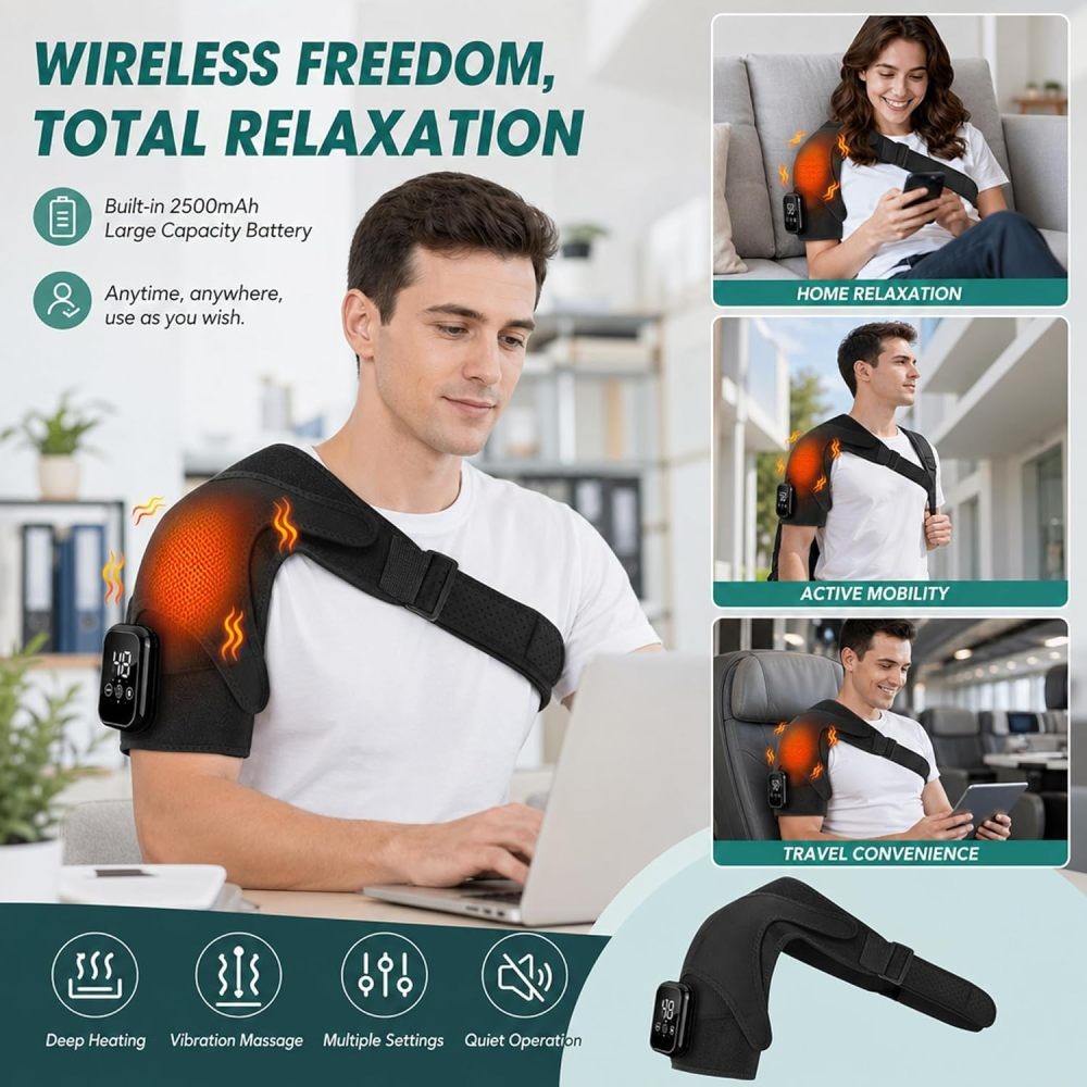 Cordless Shoulder Massager Pain Relief with 3 Vibration Modes, 3 Heating Levels