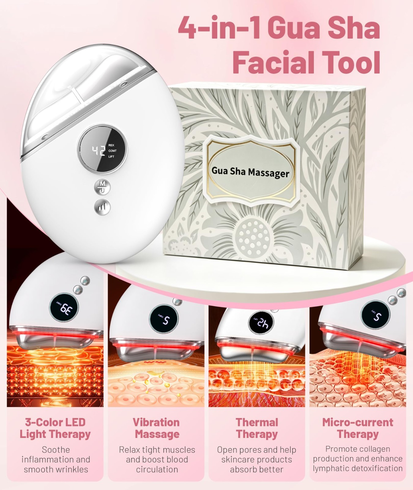 4-in-1 Red Light Therapy Gua Sha Tool with Heat & Vibration – Face Massager for