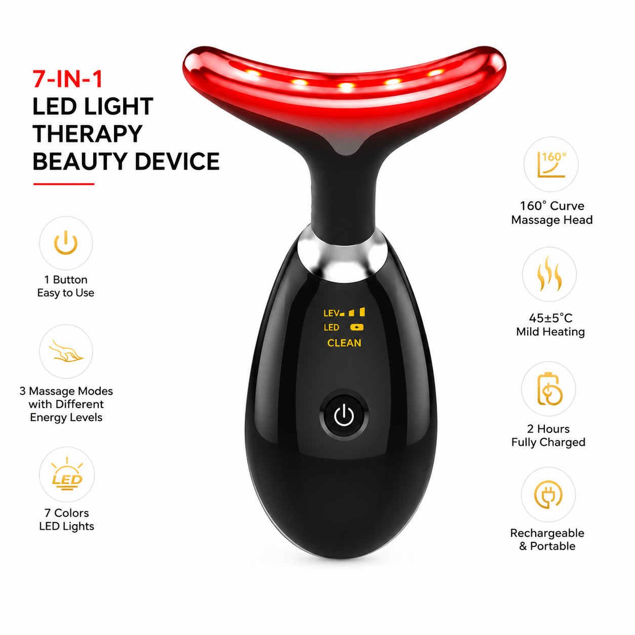 Deplux Facial Neck Massager for Skin Care at Home -7 in 1 Glossy Black NEW 2026