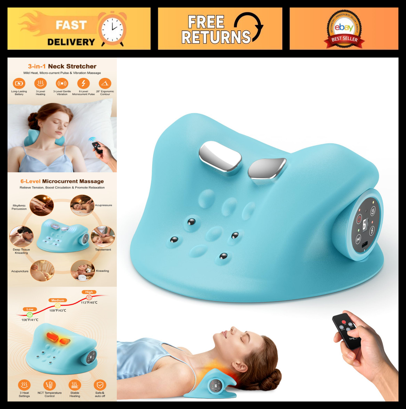 Adjustable Neck Massager with Heat & Vibration, 6 Modes, Rechargeable Cervical R