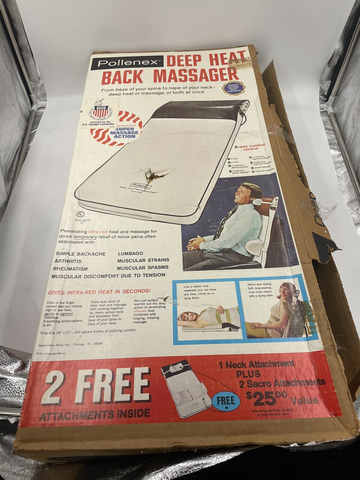 VTG Pollenex B-130A Black/White Deep Heat Back Massager Full Size W/ Attachment