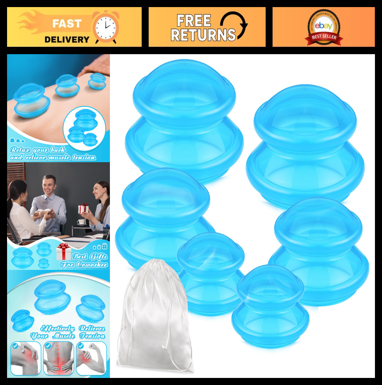 6 Pcs Silicone Cupping Therapy Set – 3 Sizes for Massage, Cellulite & Pain Relie