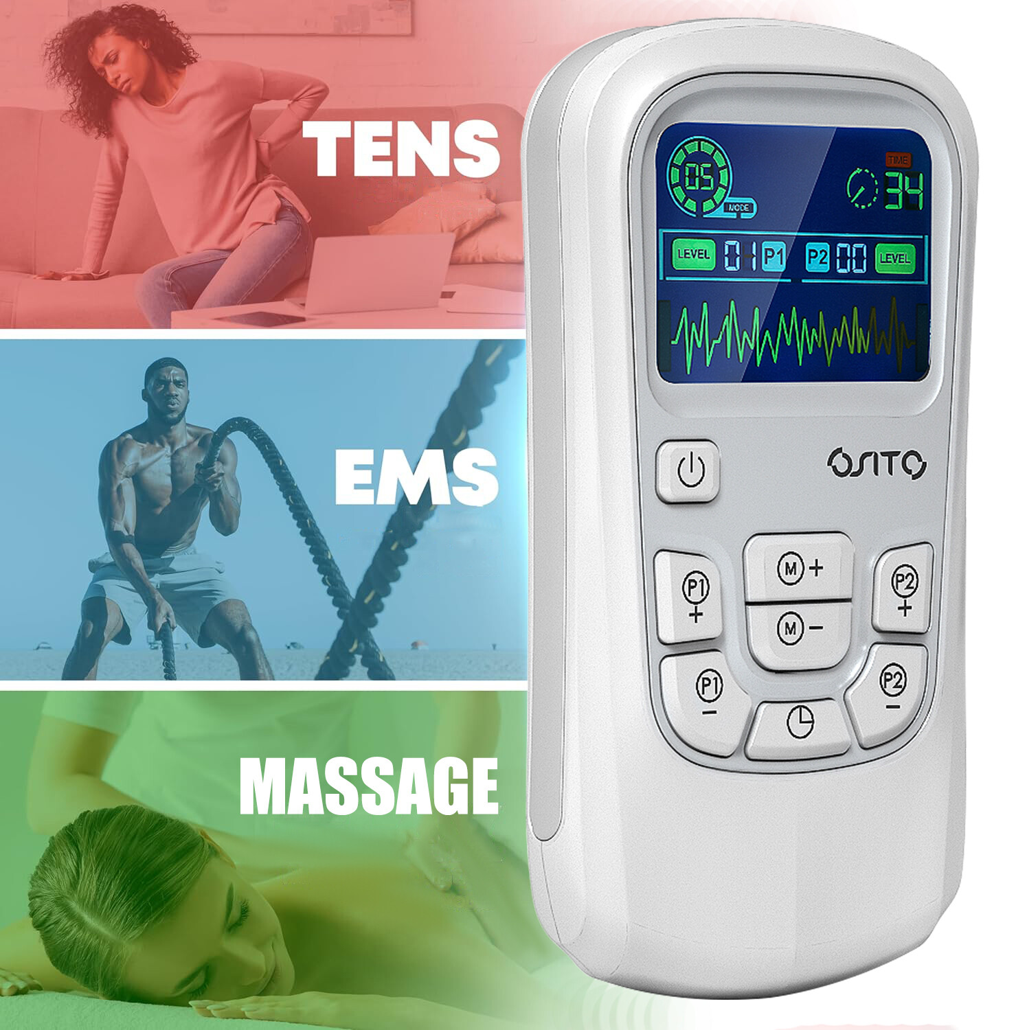 Rechargeable Tens Ems Unit Dual Channel Massager Muscle Stimulator Pain Relief
