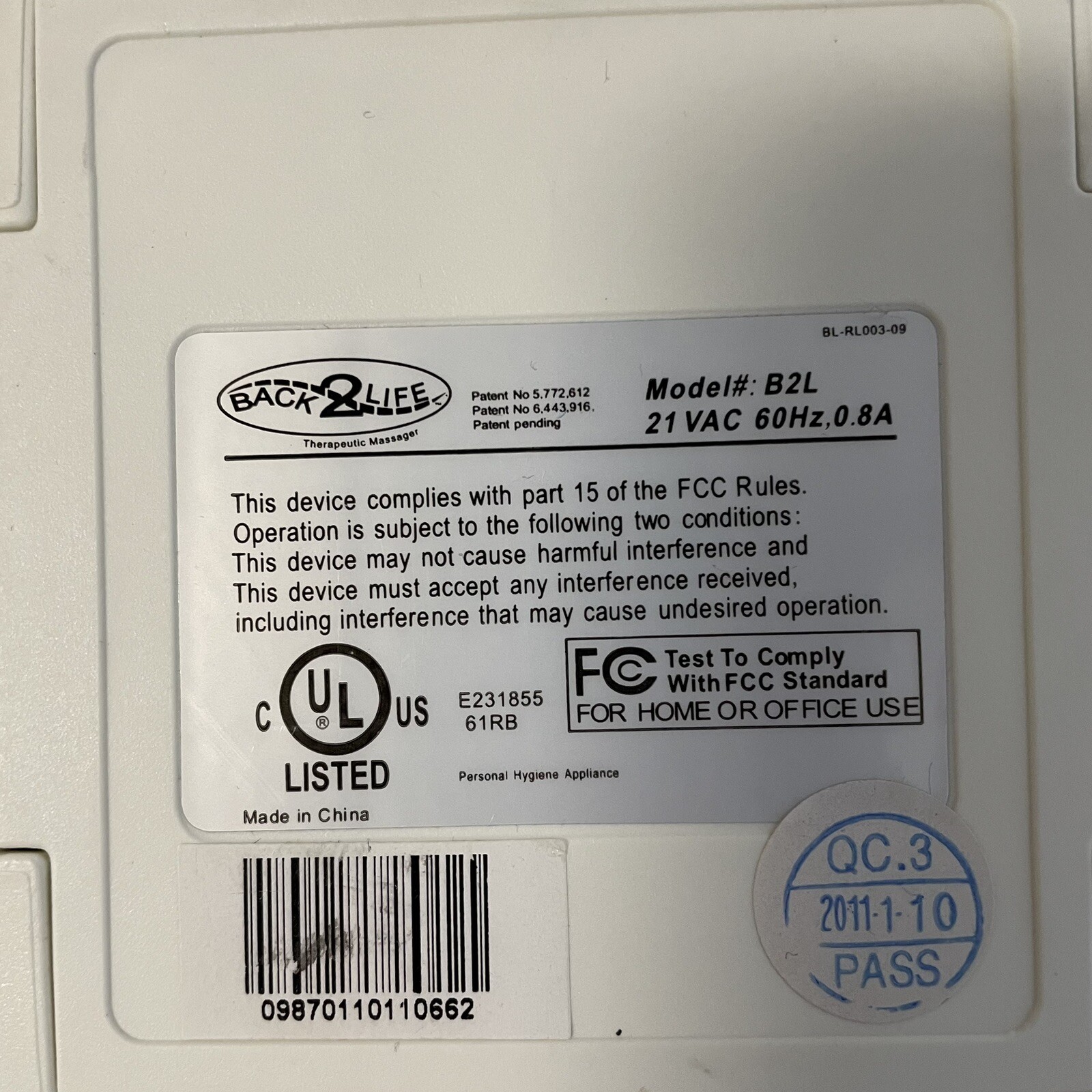 BACK 2 LIFE Continuous Motion Massager Back Pain Therapeutic Relief Model:B2L