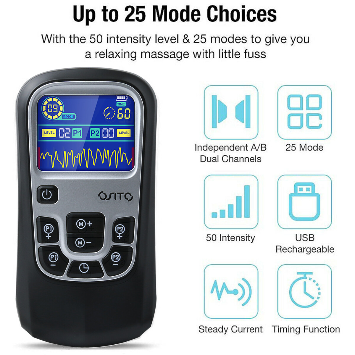 OSITO TENS Unit EMS Muscle Stimulator Electronic Pulse Massager 25 Modes Device