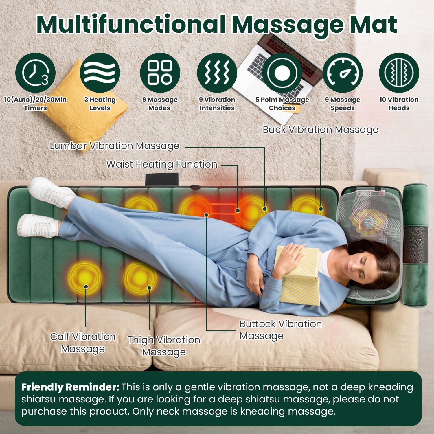 Full Body Massage Mat w/ Heat Deep Tissue Pain Relief for Relaxation Home Office