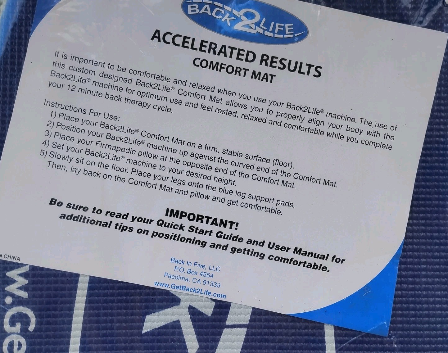 Back2Life Blue Comfort Mat/ Pad Designed For Back2Life Machine New Sealed