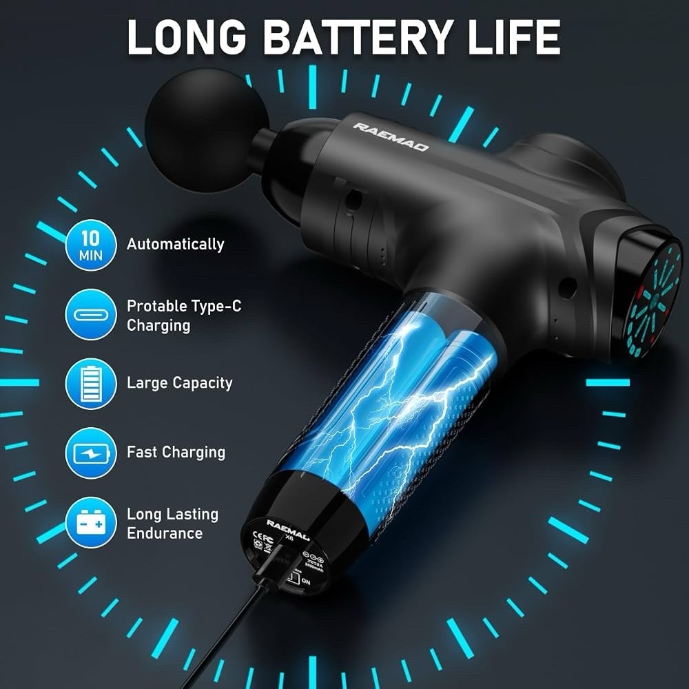 RAEMAO X6 Massage Gun Deep Tissue, LCD Touch Screen, USB-C, 8 Heads, Black